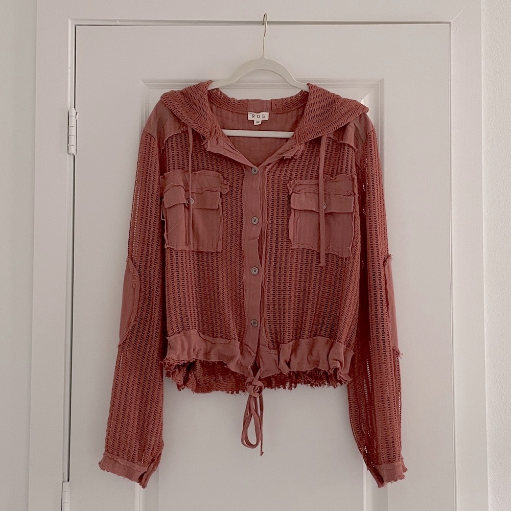 POL Hoodie Top Loose Net Boho Button Up Shirt Jacket Rust Eclectic